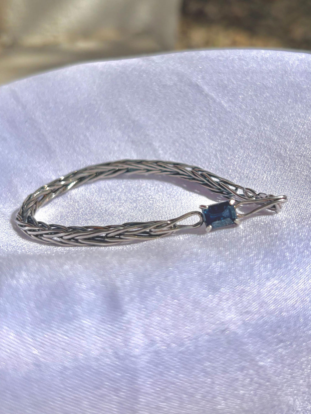 Handwoven Sterling Silver Foxtail Bracelet, Natural Sri Lankan Sapphire, One of a Kind