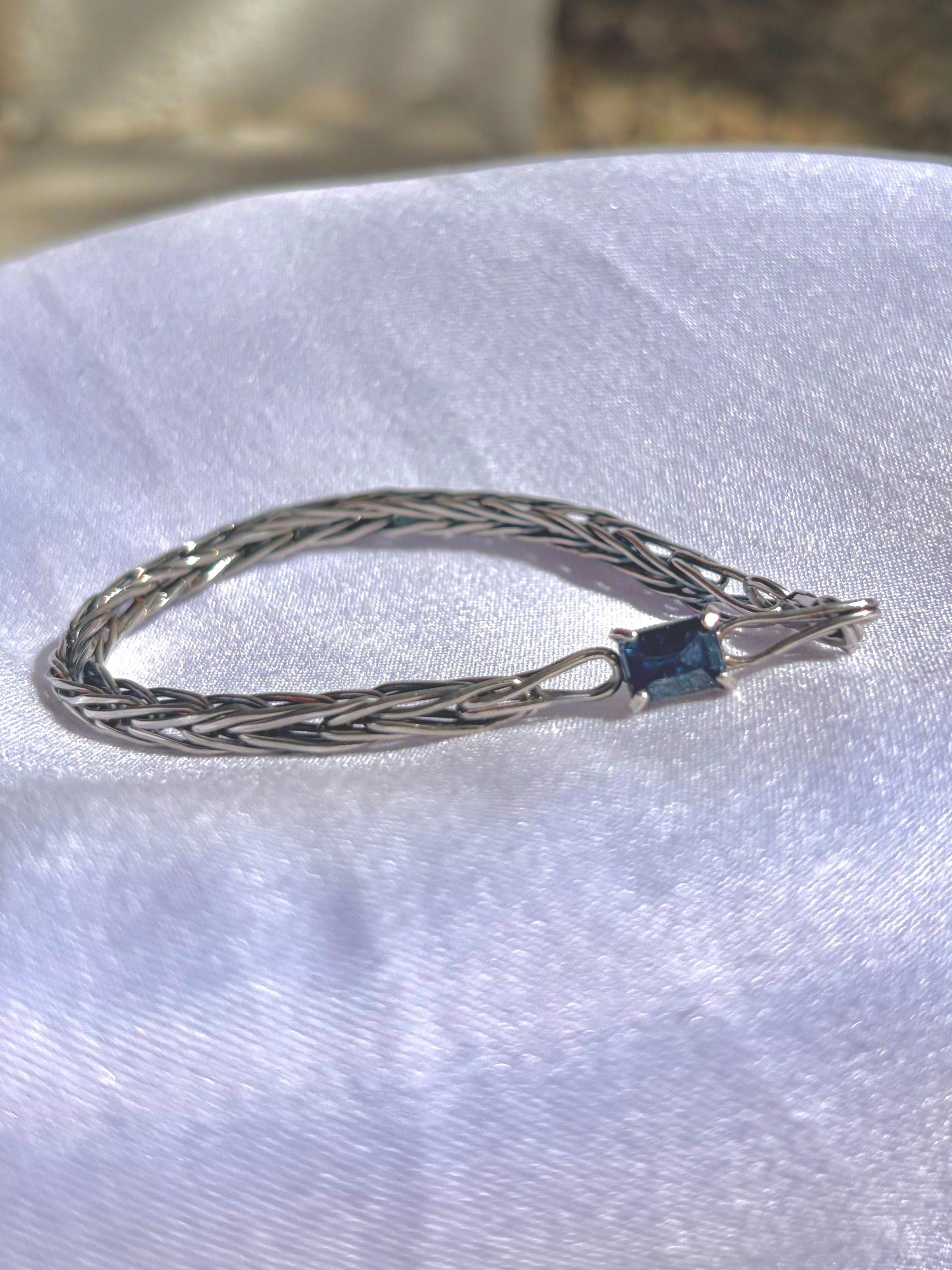 Handwoven Sterling Silver Foxtail Bracelet, Natural Sri Lankan Sapphire, One of a Kind