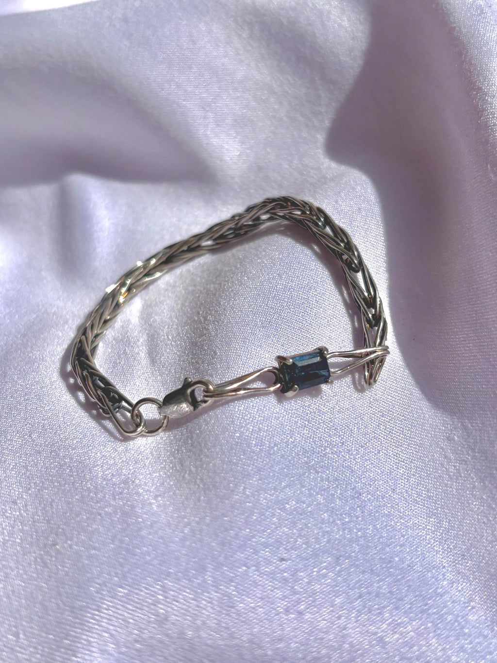 Handwoven Sterling Silver Foxtail Bracelet, Natural Sri Lankan Sapphire, One of a Kind