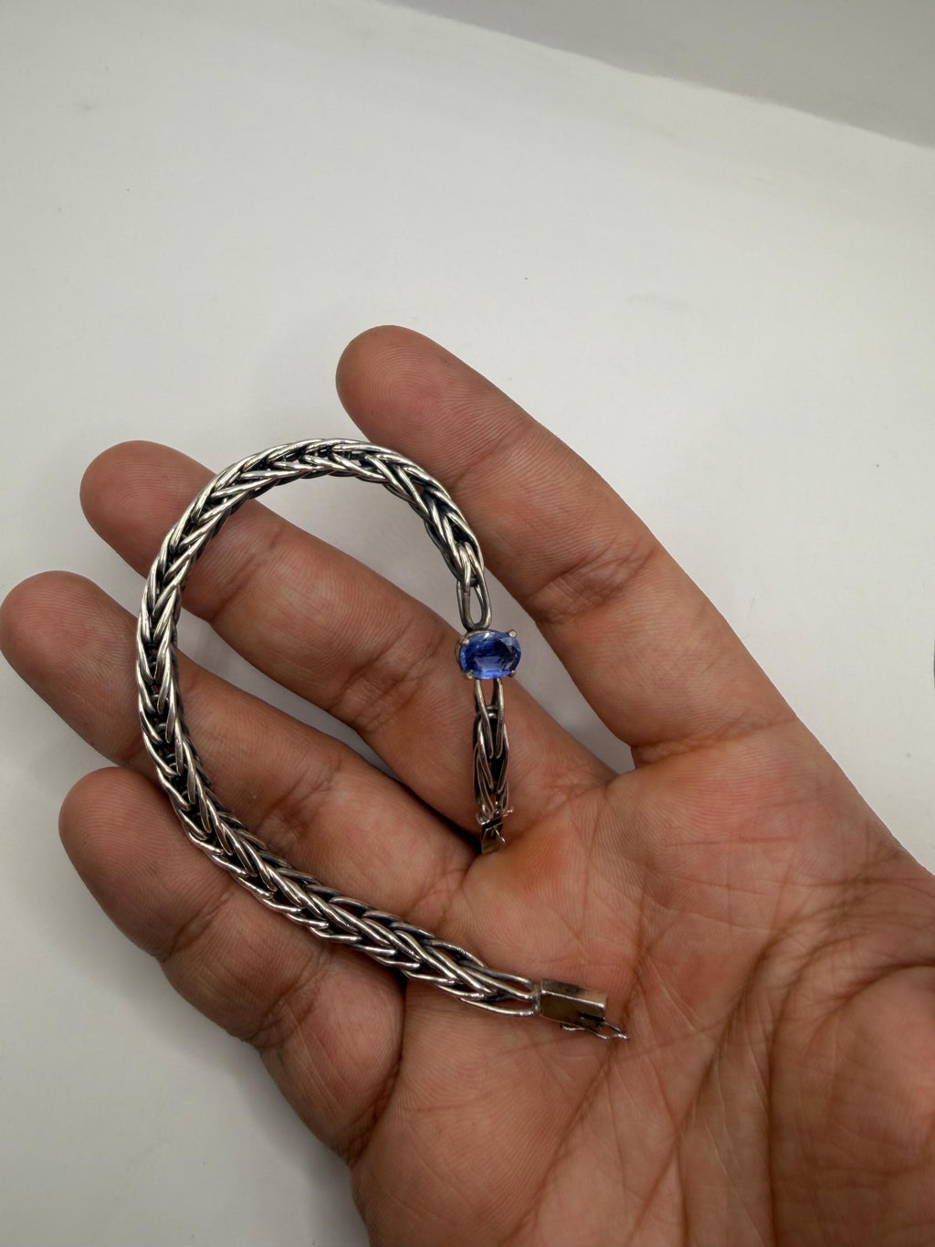 Handwoven Sterling Silver Foxtail Bracelet, Natural 1.49ct Sri Lankan Sapphire, One of a Kind