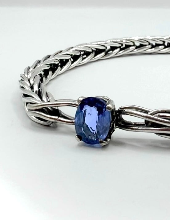 1:1 Handwoven Sterling Silver Foxtail Bracelet, Natural 1.49ct Sri Lankan Sapphire
