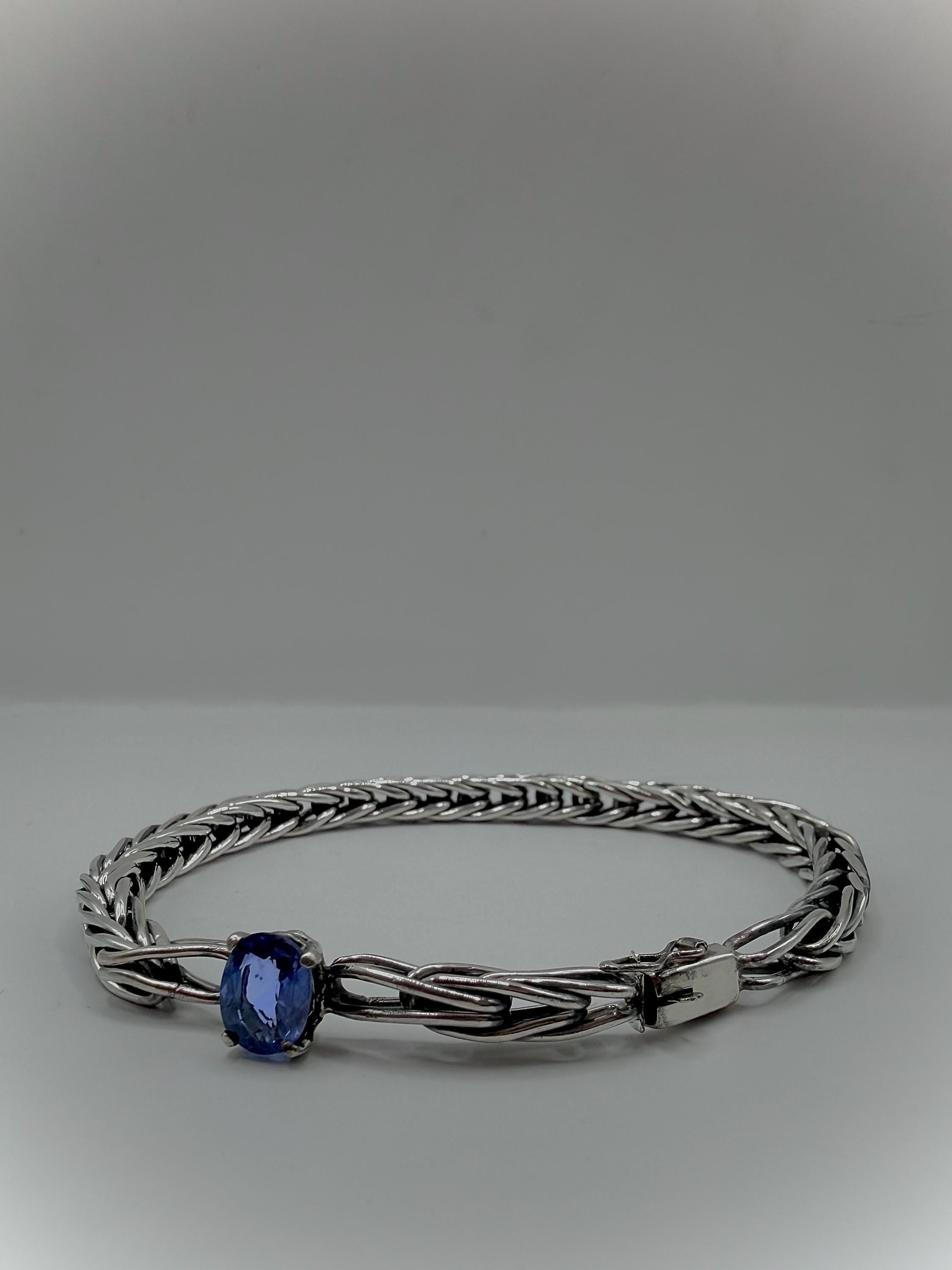 Handwoven Sterling Silver Foxtail Bracelet, Natural 1.49ct Sri Lankan Sapphire, One of a Kind