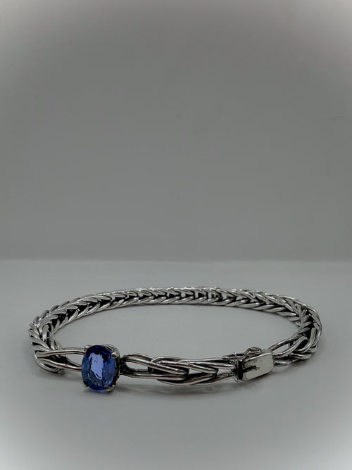 Handwoven Sterling Silver Foxtail Bracelet, Natural 1.49ct Sri Lankan Sapphire, One of a Kind