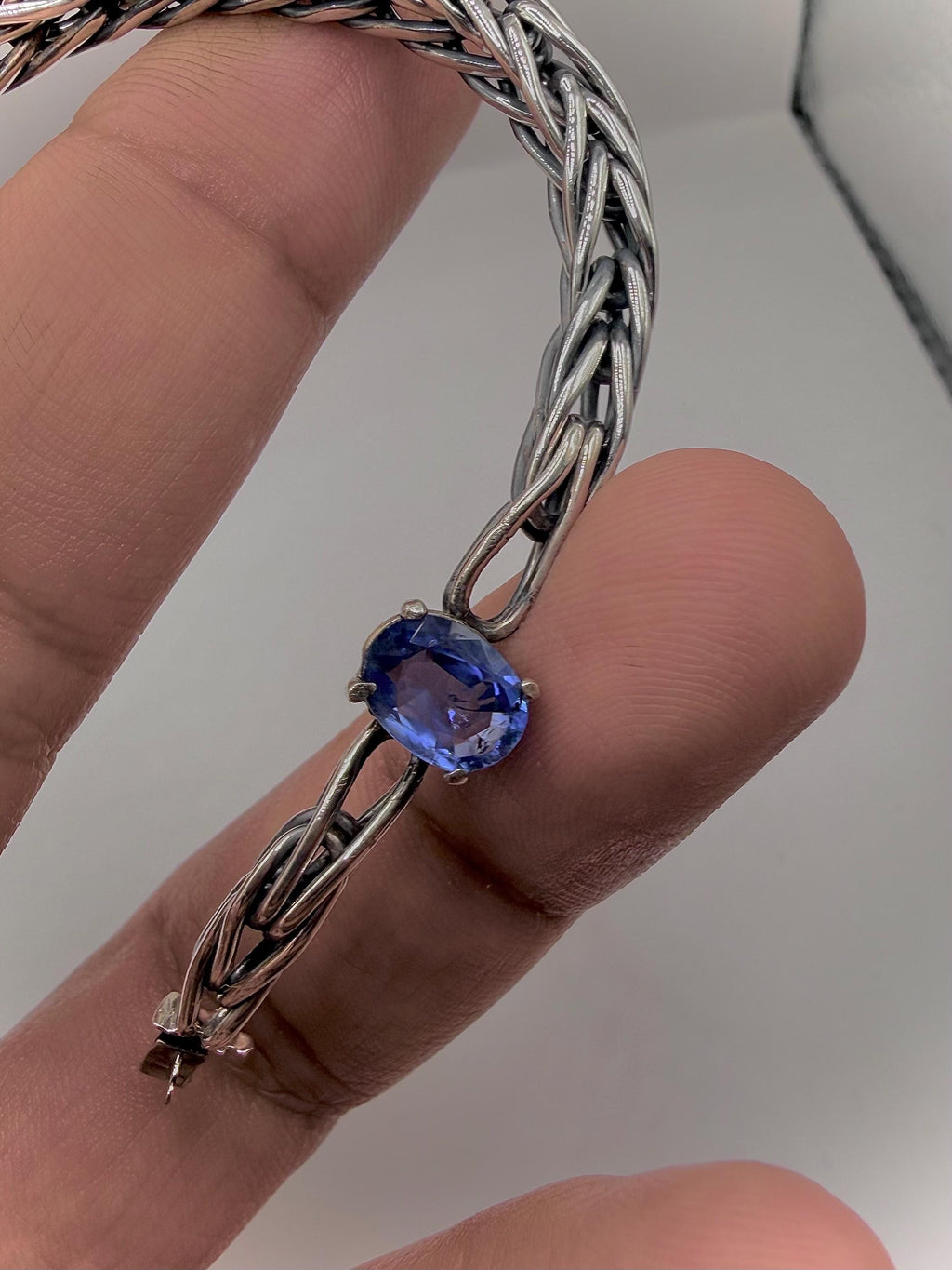 Handwoven Sterling Silver Foxtail Bracelet, Natural 1.49ct Sri Lankan Sapphire, One of a Kind